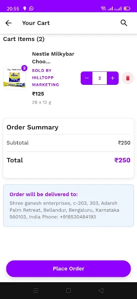 Karta app cart with order summary, delivery address and a Place Order button.
