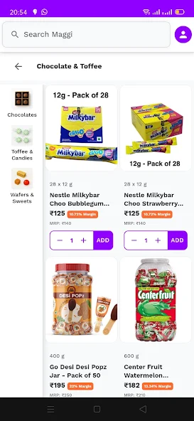 Karta app category browser showing Chocolate & Toffee, with pack sizes, price, MRP and margin on each product.