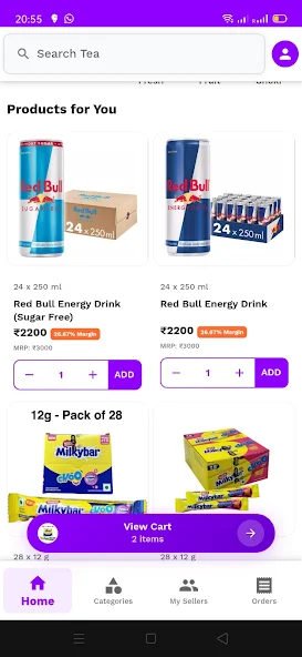 Karta app product list showing Red Bull cases at ₹2200 against ₹3000 MRP with a 26.67% margin badge.