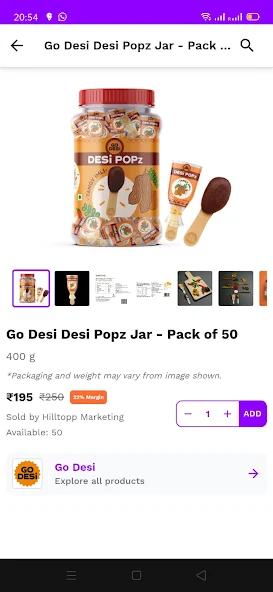 Karta app product page for a Go Desi jar, pack of 50, at ₹195 against ₹250 MRP with a 22% margin badge, sold by Hilltopp Marketing.