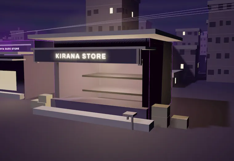 Kirana storefront at night with half-empty shelves.