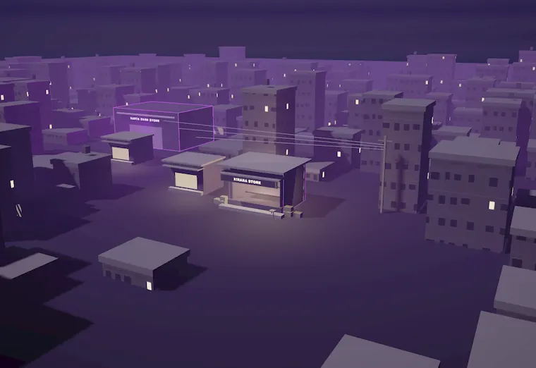 The same shop seen from above as one lit point in a dense dark city.