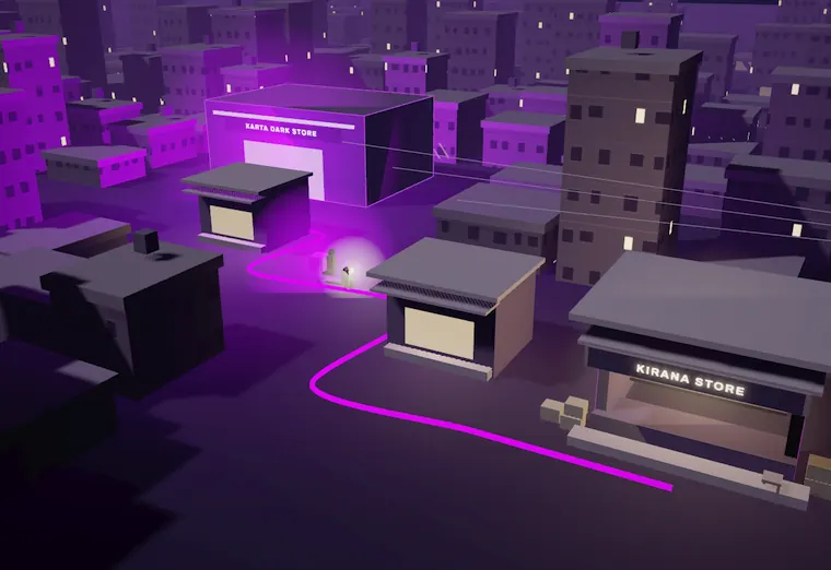 A rider following a lit violet route between the dark store and the shops.