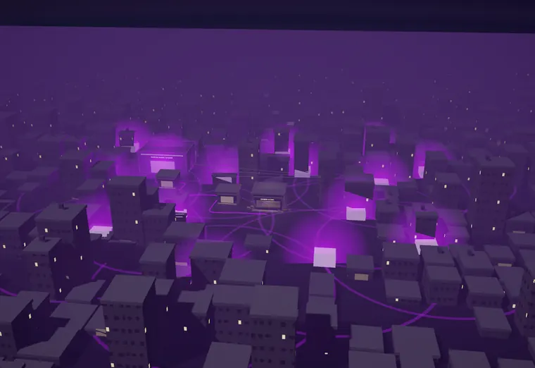 The whole city from above with fifteen violet cluster lights.