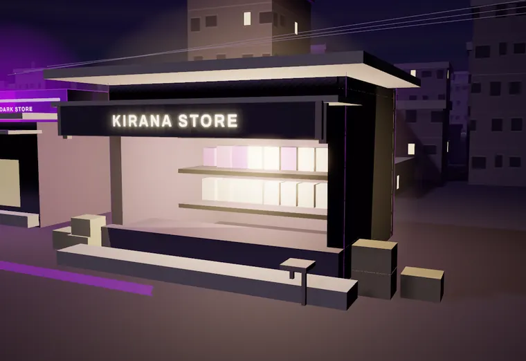 The same kirana storefront, shelves full and the shop lit.